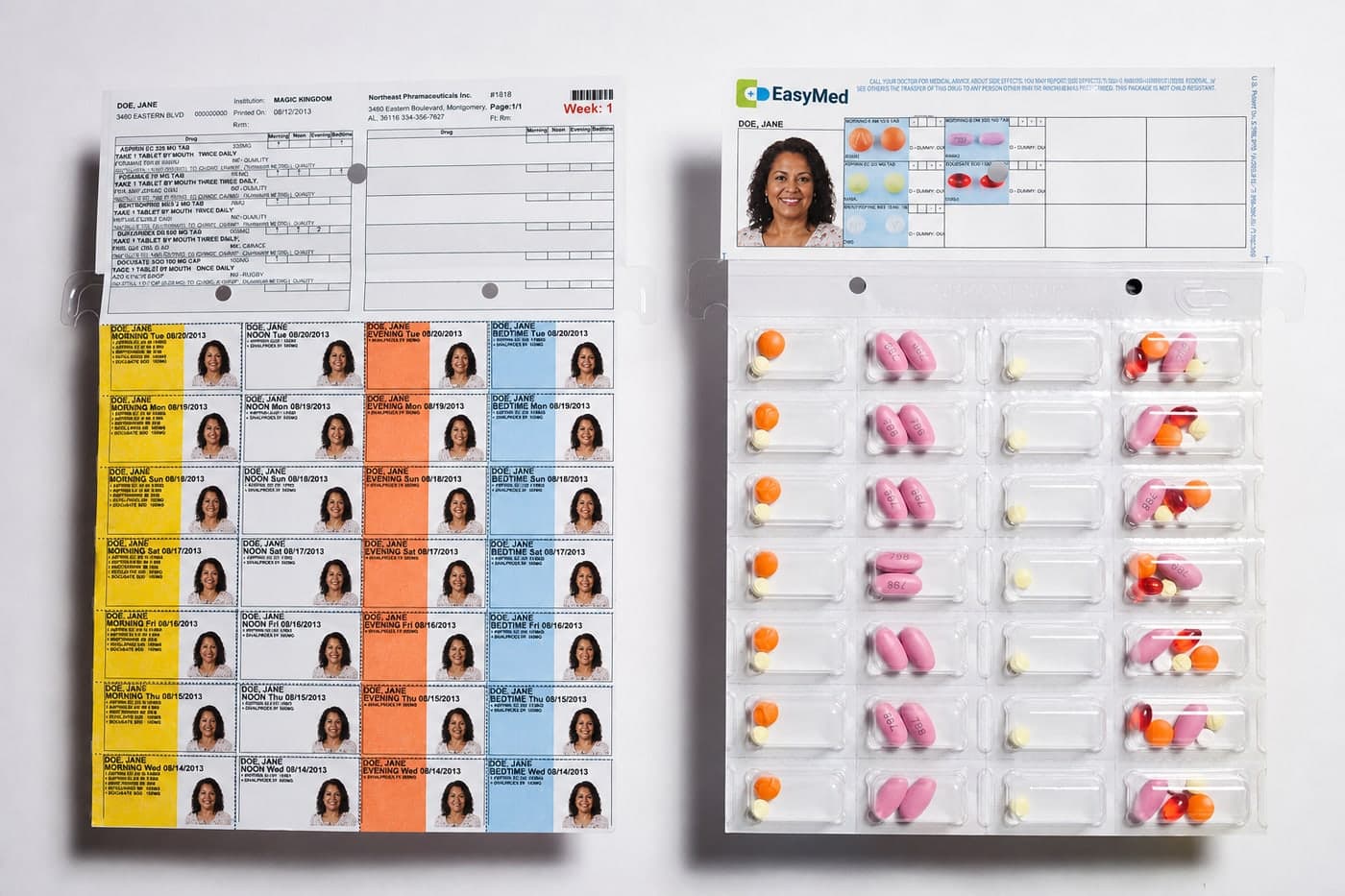 Blister Pack EasyMed — empaque tipo burbuja con foto del residente, organizado por día y hora